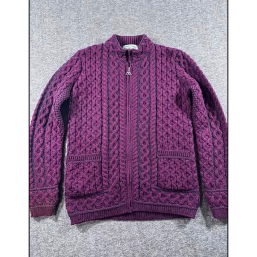 Aran Crafts Ireland Merino Wool Full Zip Cable Knit Cardigan Sweater